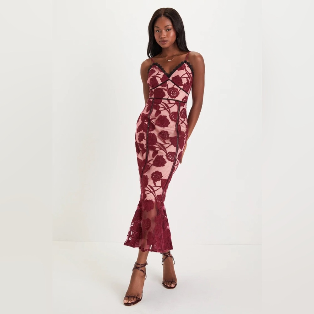 Lulus Alluring Dream Burgundy Floral Mesh Lace Trumpet Midi Dress